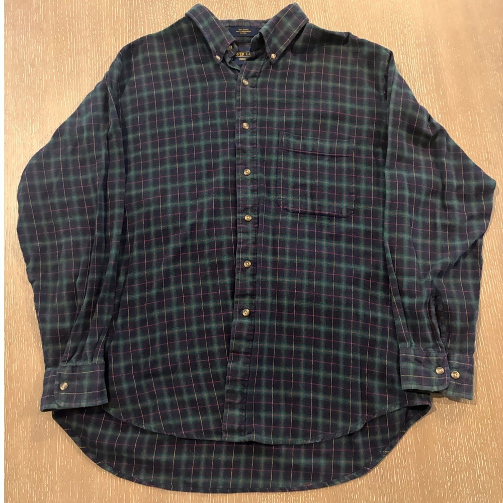 Shaver Lake Mens XL‎ Flannel Shirt Green Navy Blue Plaid Cotton Button Down Long